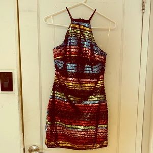 Rainbow Sequin Halter Dress